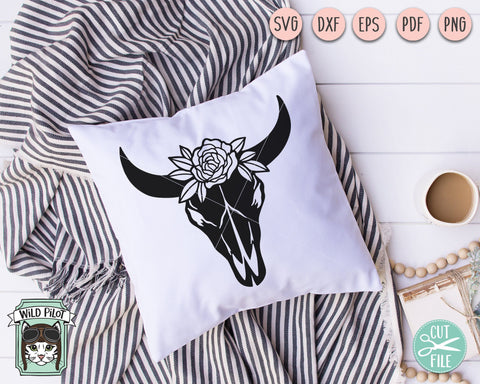 Cow Skull With Flowers SVG, Cow Skull SVG File, Cow Skull Floral SVG, Cow Skull Floral Cut File, Southwest SVG, Boho SVG, Longhorn SVG, Buffalo SVG SVG Wild Pilot 