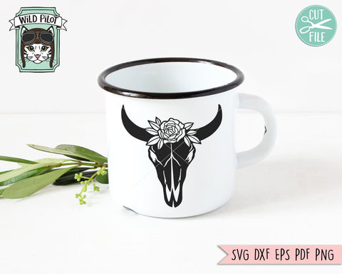 Cow Skull With Flowers SVG, Cow Skull SVG File, Cow Skull Floral SVG, Cow Skull Floral Cut File, Southwest SVG, Boho SVG, Longhorn SVG, Buffalo SVG SVG Wild Pilot 