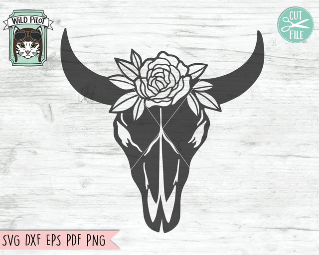 Cow Skull With Flowers SVG, Cow Skull SVG File, Cow Skull Floral SVG, Cow Skull Floral Cut File, Southwest SVG, Boho SVG, Longhorn SVG, Buffalo SVG SVG Wild Pilot 
