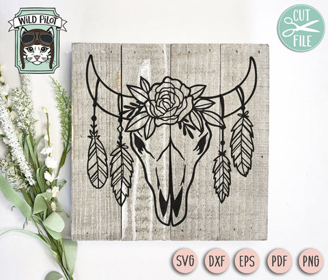 Cow Skull With Flowers SVG Cut File, Cow Skull Feathers SVG File, Cow Skull Floral Feathers SVG, Cow Skull Floral Cut File, Boho Skull SVG, Buffalo SVG SVG Wild Pilot 