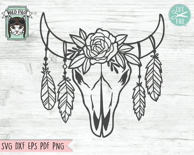 Cow Skull With Flowers SVG Cut File, Cow Skull Feathers SVG File, Cow Skull Floral Feathers SVG, Cow Skull Floral Cut File, Boho Skull SVG, Buffalo SVG SVG Wild Pilot 