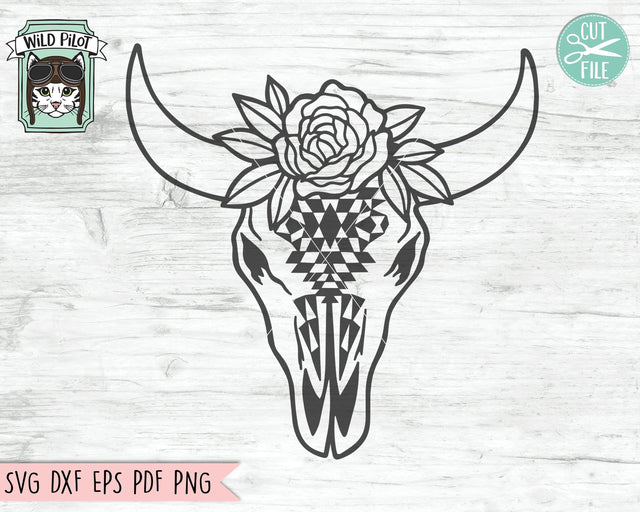 Cow Skull With Flowers SVG File, Cow Skull Medallion SVG File, Cow Skull Floral Cut File, Sourthwest SVG, Boho SVG, Longhorn SVG, Buffalo SVG, Tribal Skull SVG SVG Wild Pilot 