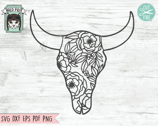 Cow Skull With Flowers SVG File, Cow Skull SVG File, Cow Skull Floral SVG, Cow Skull Floral Cut File, Southwest SVG, Boho SVG, Longhorn Bohemian SVG SVG Wild Pilot 
