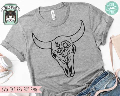 Cow Skull With Flowers SVG File, Cow Skull SVG File, Cow Skull Floral SVG, Cow Skull Flower SVG, Southwest SVG, Boho SVG, Longhorn SVG, Buffalo SVG SVG Wild Pilot 