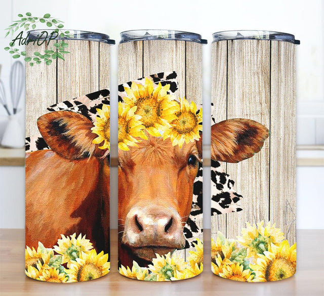 Cow Sunflower 20oz Skinny Tumbler Png, Cow Print Sunflower 20oz Skinny Tumbler Png, Cowhide Sublimation Design, Sunflowers Tumbler Wrap Sublimation AdriOP 