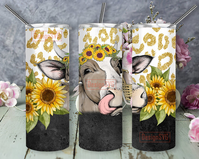 Cow Sunflower 20oz Skinny Tumbler Png, Cow Print Sunflower Tumbler, Cowhide Tumbler Gift For Her, Watercolor Flowers, Cowhide Tumbler Sublimation DesignSVG 