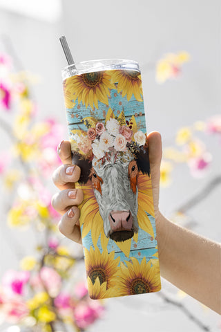 Cow Sunflower 20oz Skinny Tumbler Sublimation Designs for Straight/Tapered Tumbler PNG Sublimation CaldwellArt 