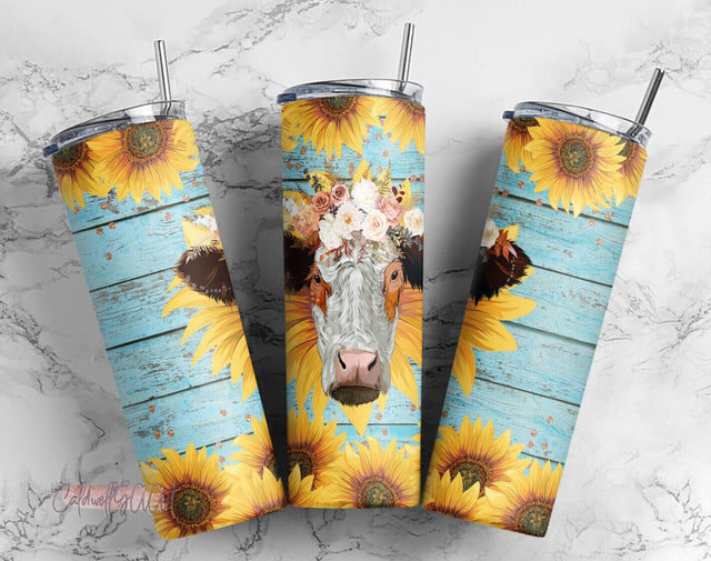 Cow Sunflower 20oz Skinny Tumbler Sublimation Designs for Straight/Tapered Tumbler PNG Sublimation CaldwellArt 
