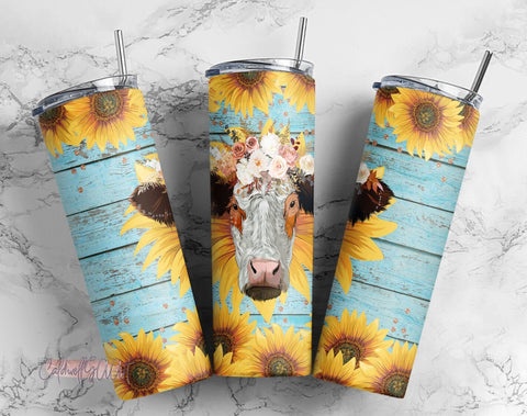 Cow Sunflower 20oz Skinny Tumbler Sublimation Designs for Straight/Tapered Tumbler PNG Sublimation CaldwellArt 