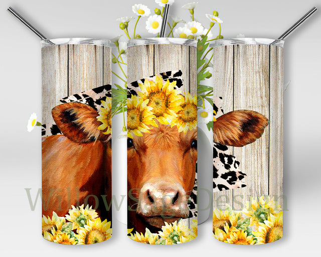 Cow Sunflower 20oz Skinny Tumbler, Sunflower Tumbler Png, Leopard Design Png, Cow Sublimation Design, Instant Download Sublimation WillowSageDesign 