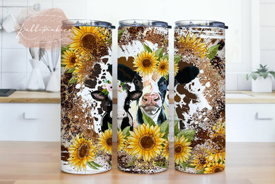 Cow sunflower tumbler png, Cow Print Sunflower Tumbler PNG, Cowhide Sublimation Design, Sunflower Cowhide Tumbler Wrap, 20 oz Skinny Tumbler Sublimation Rabbitmakies 