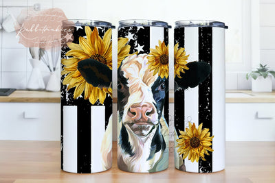 Cow Sunflower & USA Flag 20oz Skinny Tumbler Sublimation Design Sublimation Rabbitmakies 