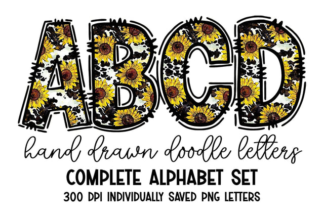 Cow & Sunflowers Doodle Letters Alphabet Set Sublimation BijouBay 