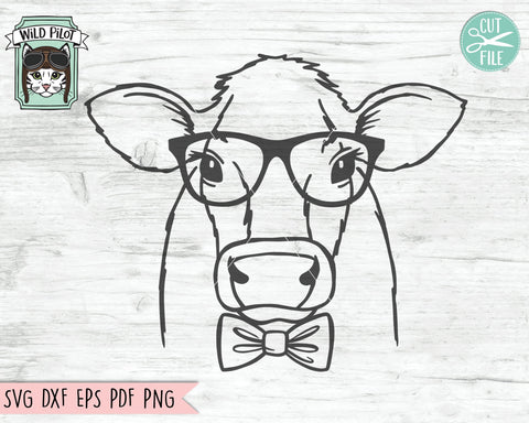 Cow SVG File, Cow With Glasses Bowtie SVG Cut File, Animal Face SVG, Cute Cow SVG, Cow With Eyeglasses SVG File, Bull SVG SVG Wild Pilot 