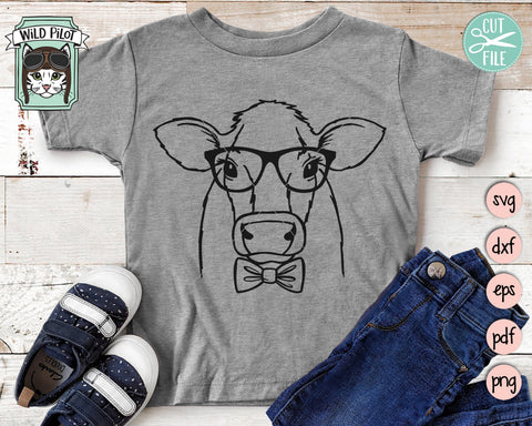 Cow SVG File, Cow With Glasses Bowtie SVG Cut File, Animal Face SVG, Cute Cow SVG, Cow With Eyeglasses SVG File, Bull SVG SVG Wild Pilot 