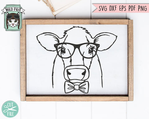 Cow SVG File, Cow With Glasses Bowtie SVG Cut File, Animal Face SVG, Cute Cow SVG, Cow With Eyeglasses SVG File, Bull SVG SVG Wild Pilot 