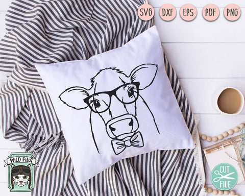 Cow SVG File, Cow With Glasses Bowtie SVG Cut File, Animal Face SVG, Cute Cow SVG, Cow With Eyeglasses SVG File, Bull SVG SVG Wild Pilot 