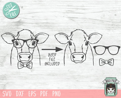 Cow SVG File, Cow With Glasses Bowtie SVG Cut File, Animal Face SVG, Cute Cow SVG, Cow With Eyeglasses SVG File, Bull SVG SVG Wild Pilot 