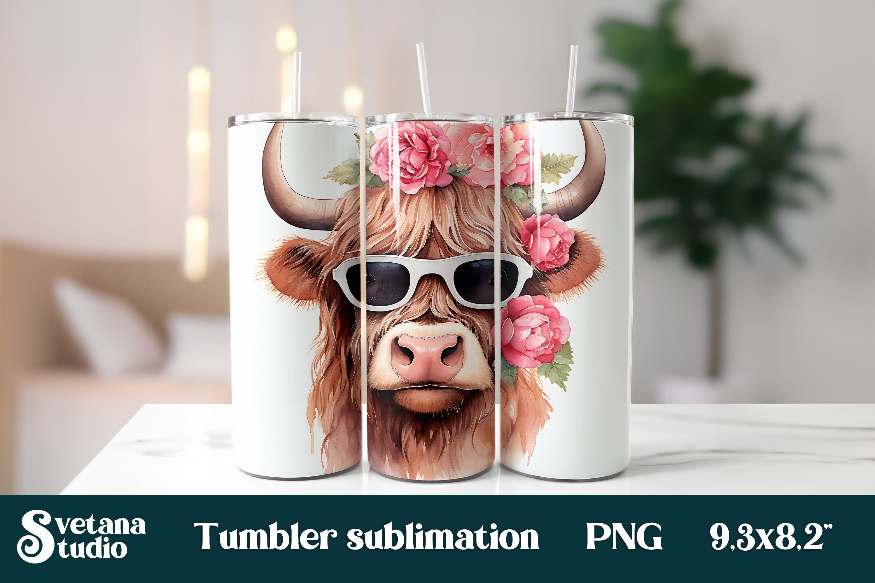 Highland cow and flowers 40 oz tumbler PNG for sublimation - So Fontsy