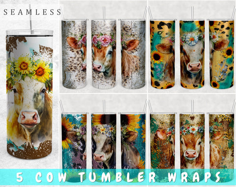 Cow Tumbler Wraps Bundle, 20 Oz Skinny Tumbler Cow Sublimation Designs, Seamless Cow PNG, 5 Designs Sublimation HappyDesignStudio 