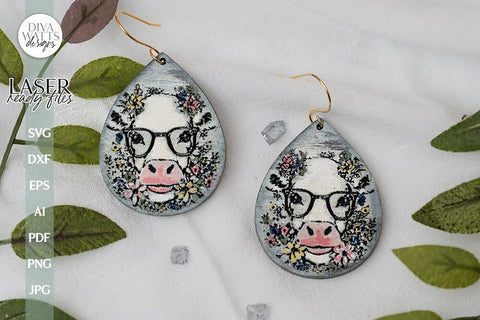 Cow With Flowers Earring SVG File For Laser Earrings SVG With Cow Earrings For Glowforge Cow Earrings With Flowers SVG Cow Glasses earrings SVG Diva Watts Designs 