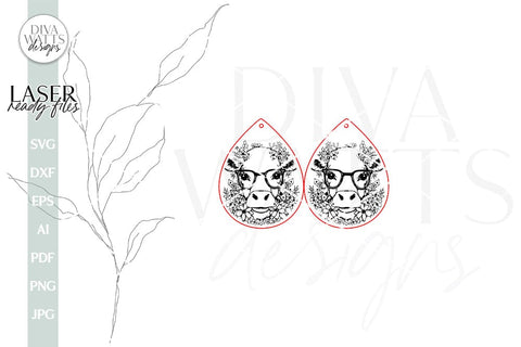 Cow With Flowers Earring SVG File For Laser Earrings SVG With Cow Earrings For Glowforge Cow Earrings With Flowers SVG Cow Glasses earrings SVG Diva Watts Designs 