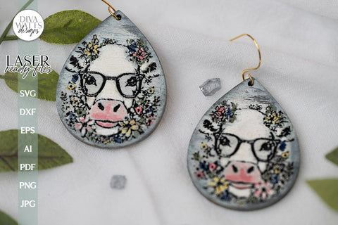 Cow With Flowers Earring SVG File For Laser Earrings SVG With Cow Earrings For Glowforge Cow Earrings With Flowers SVG Cow Glasses earrings SVG Diva Watts Designs 