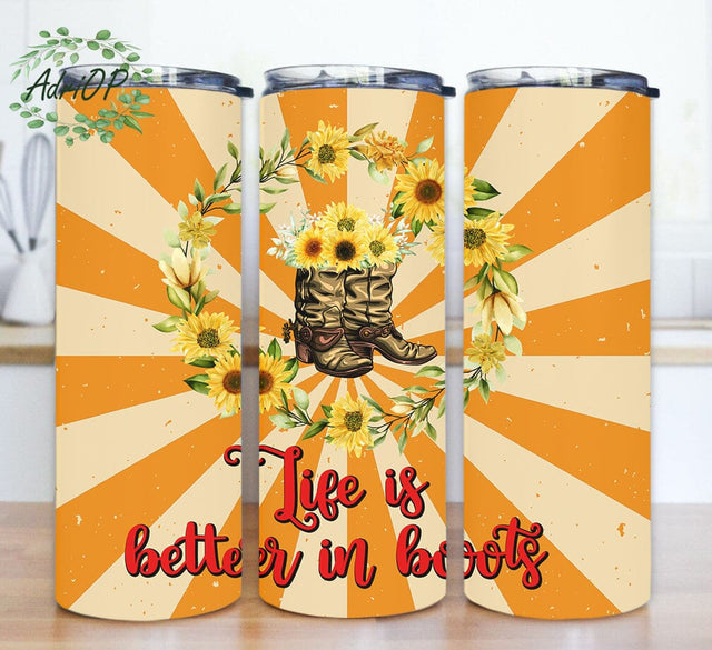 Cowboy Boots 20oz Skinny Tumbler, Life Is Better In Boots Tumbler Png, Cowboy Boots Sunflower Tumbler Design, Country Tumbler Template, Instant Download Sublimation AdriOP 