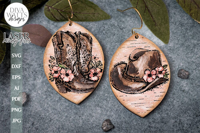 Cowboy Boots And Hat Earrings Glowforge SVG Laser Cutting File For Cowboy Boots Earrings Earrings for Glowforge Cowboy Hat Earrings SVG SVG Diva Watts Designs 
