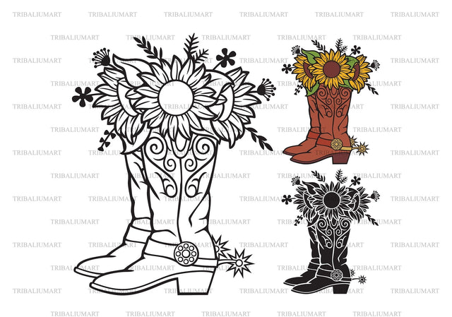 Cowboy Boots with Sunflowers and Plants. Floral Design. SVG TribaliumArtSF 