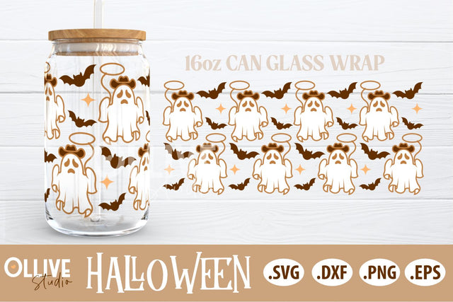 Cowboy Ghost Halloween 16oz Can Glass Wrap SVG SVG Ollive Studio 