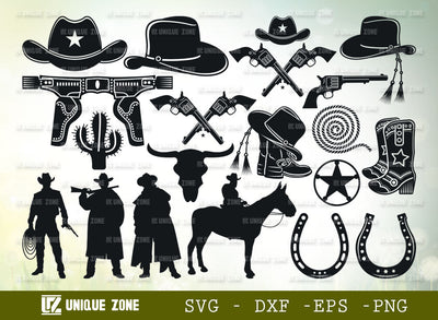 Cowboy Set SVG Cut File | Cowboy Sheriff Svg | Cowboy Ranger Svg | Western Gun Svg | Cowboy Hat Svg | SVG Unique Zone 