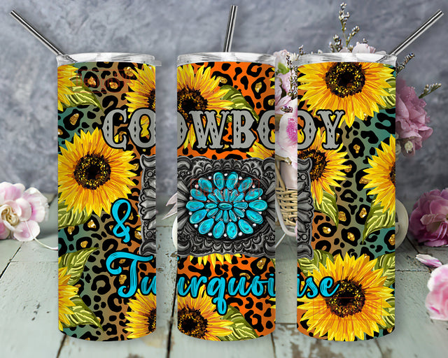 Cowboys and Turquoise Tumbler Png, Sunflower Gemstone Leopard 20oz Full Tumbler Wrap, Country Design Png, Western Sublimation Design, Digital Download Sublimation DesignSVG 