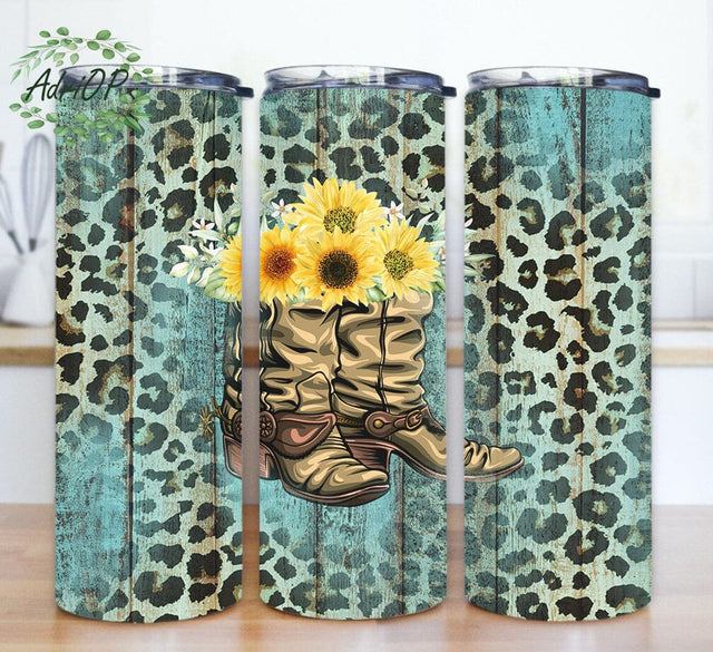 Cowgirl Boots Sunflower Tumbler Design, Western 20oz Skinny Tumbler, Teal Wood Leopard Tumbler Wrap, Sunflower Boots Sublimation Png, Digital Download Sublimation AdriOP 