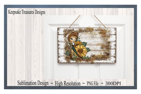 Cowgirl With Her Sunflower, Sublimation Background Design, Add Your Own Text, Leopard and Wood Print, Digital Download, PNG Printable Sublimation Keepsake Treasures Designs LLC. 