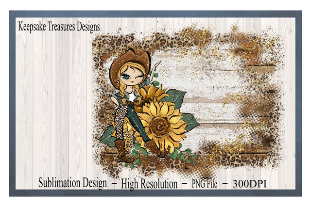Cowgirl With Her Sunflower, Sublimation Background Design, Add Your Own Text, Leopard and Wood Print, Digital Download, PNG Printable Sublimation Keepsake Treasures Designs LLC. 