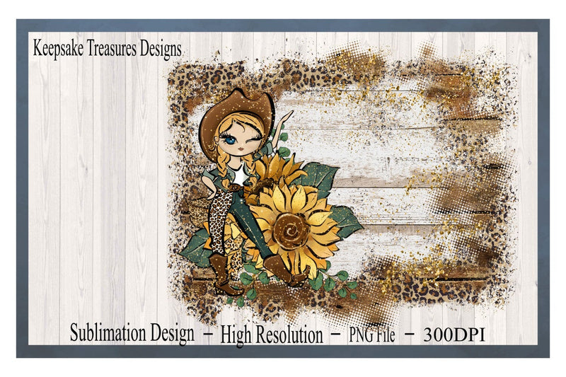 Cowgirl With Her Sunflower, Sublimation Background Design, Add Your Own Text, Leopard and Wood Print, Digital Download, PNG Printable Sublimation Keepsake Treasures Designs LLC. 