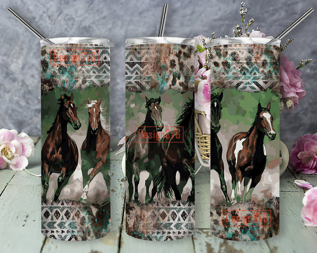 Cowhide Aztec Horse Tumbler PNG, Watercolor Running Horses Sublimation 20oz Tumbler Design, Horse Lover Tumbler Wrap, Digital Download Sublimation DesignSVG 