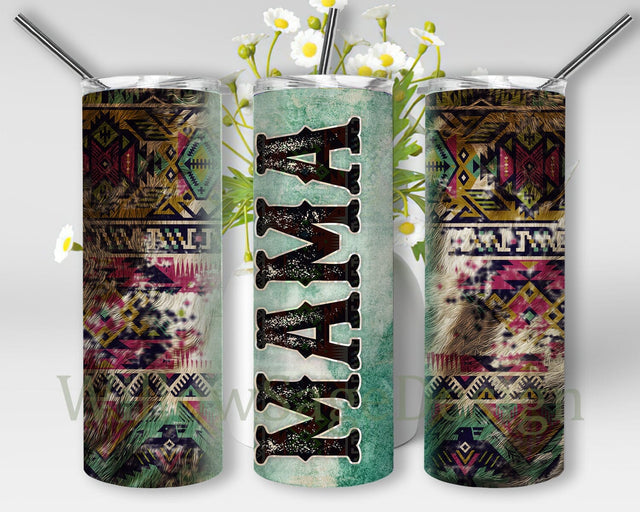 Cowhide Aztec Mama 20oz Skinny Tumbler Png, Rustic Teal Wood Mom Tumbler Wrap, Aztec Tumbler, Mama Rustic Western Tumbler Sublimation WillowSageDesign 