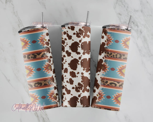 Cowhide Aztec Tumbler PNG, Southwest Print Sublimation Design, 20 oz Skinny Tumbler, Navajo Tumbler Wrap, Western Digital Download PNG File Sublimation CaldwellArt 