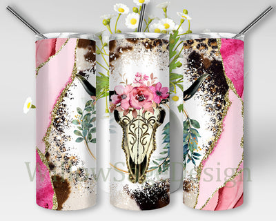 Cowhide Bull Skull Tumbler Png, Bull Skull Floral 20oz Skinny Tumbler, Cowhide Leopard Tumbler Wrap, Western Sublimatiom Design, Digital Downlaod Sublimation WillowSageDesign 