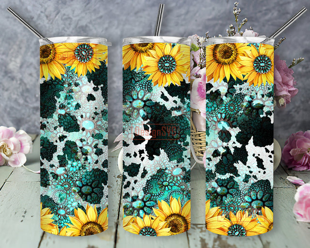 Cowhide Gemstone Full Tumbler Wrap, Sunflower 20oz Skinny Tumbler, Turquoise Tumbler Png , Western Sublimation Design, Instant Download Sublimation DesignSVG 