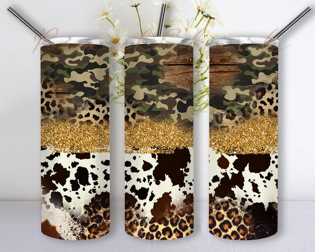 Cowhide Leopard Camouflage 20 oz. Skinny Tumbler PNG Sublimation Design, Western Skinny Tumbler Sublimation PixelChick 