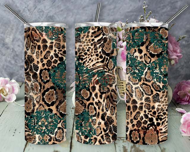 Cowhide Leopard Tooled Turquoise Full Tumbler Wrap, Western 20oz Skinny Tumbler, Tooled Turquoise Tumbler Png, Sublimation Design for Straight, Digital Download Sublimation DesignSVG 