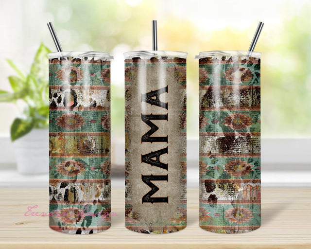 Cowhide Mama Tumbler PNG, Aztec Print Sublimation Design, 20 oz Skinny Tumbler, Rustic Teal Wood Mom Tumbler Wrap, Digital Download File Sublimation TrendingDesign 
