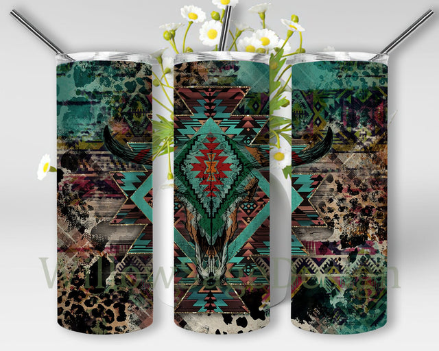 Cowhide Skull Western 20oz Skinny Tumbler Png, Southwest Print Sublimation Design, Leopard Aztec Cow Skull Tumbler Png, Digital Download Sublimation WillowSageDesign 