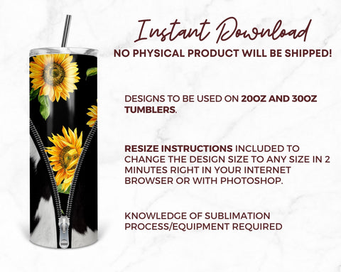 Cowhide Sunflower Zipper 20oz Skinny Tumbler Straight & Tapered Sublimation Waterslide Digital Design Full Tumbler Wrap PNG Sublimation TumblersByPhill 