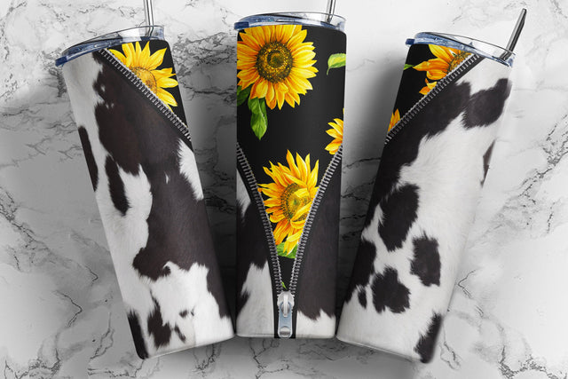 Cowhide Sunflower Zipper 20oz Skinny Tumbler Straight & Tapered Sublimation Waterslide Digital Design Full Tumbler Wrap PNG Sublimation TumblersByPhill 