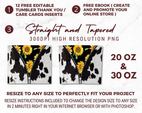 Cowhide Sunflower Zipper 20oz Skinny Tumbler Straight & Tapered Sublimation Waterslide Digital Design Full Tumbler Wrap PNG Sublimation TumblersByPhill 