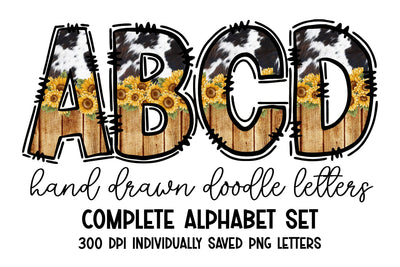 Cowhide & Sunflowers Rustic Doodle Letters Alphabet Set Sublimation BijouBay 